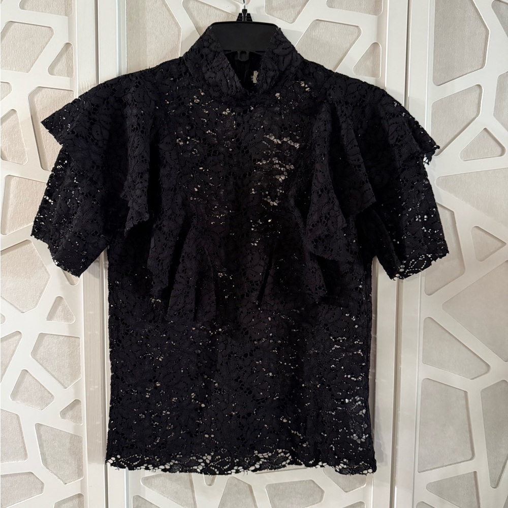 NWT Zara Black Ruffled Blouse with Mandarin Collar